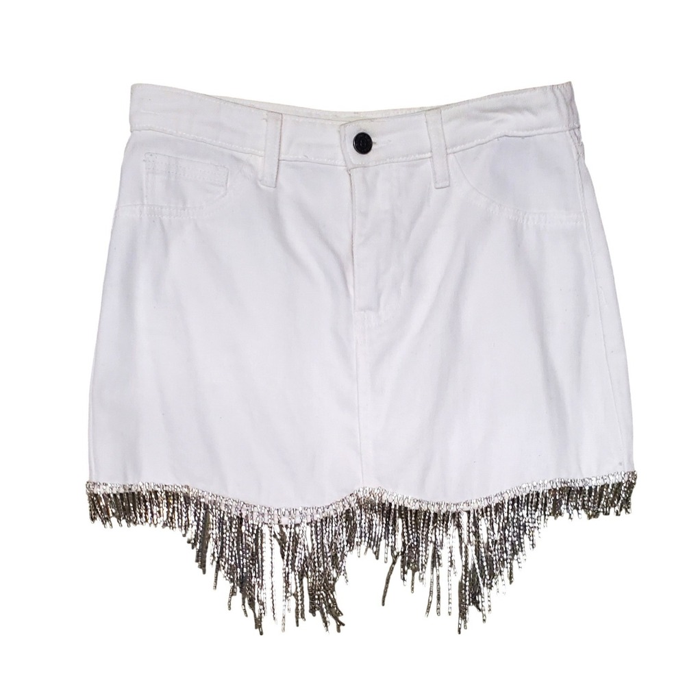 Sterling & Stitch White Denim Rhinestone Fringe Mini Skirt Womens Size M